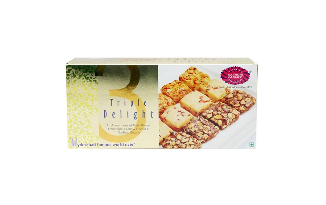 Karachi Bakery Triple Delight, An Assortment of Fruit, Chocolate & Cashew Biscuit   Box  600 grams